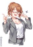  1girl ;d alternate_costume aquila_(kantai_collection) bespectacled blush breasts cleavage commentary_request contemporary ebifurya glasses grey_jacket grey_pants hair_between_eyes hair_ornament hairclip high_ponytail highres jacket kantai_collection large_breasts long_hair looking_to_the_side multiple_girls one_eye_closed open_mouth orange_hair pants pointing red-framed_eyewear semi-rimless_eyewear shirt smile twitter_username wavy_hair white_shirt yellow_eyes 