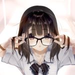  1girl adjusting_eyewear bangs black-framed_eyewear bow brown_eyes brown_hair collarbone commentary eyebrows_visible_through_hair glasses hair_between_eyes hands_up highres holding looking_at_viewer nakamura_takeshi open_mouth original shiny shiny_hair shirt short_hair short_sleeves simple_background upper_body watch watch white_shirt 