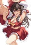  1girl armpits bare_shoulders blush bow breasts brown_hair eyebrows_visible_through_hair hair_between_eyes hair_tubes hakurei_reimu hands_up kerotsupii_deisuku long_hair long_sleeves looking_at_viewer medium_breasts one_eye_closed open_mouth pink_eyes red_bow red_skirt red_vest simple_background skirt smile solo standing touhou vest white_background white_sleeves yellow_bow 