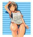  1girl :o arm_at_side arm_up bangs bare_arms blue_swimsuit brown_hair collarbone eyebrows_visible_through_hair hair_ornament i-401_(kantai_collection) kantai_collection lying name_tag okbnkn on_back one-piece_swimsuit open_mouth orange_sailor_collar sailor_collar school_swimsuit see-through shirt short_hair sleeveless sleeveless_shirt solo sweat swimsuit thighs white_shirt yellow_eyes 