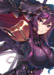  1girl bodysuit breasts cleavage cosplay dual_wielding fate/grand_order fate_(series) female_admiral_(kantai_collection) gae_bolg hiememiko holding large_breasts latex light_smile long_hair nose parted_lips pauldrons polearm purple_hair scathach_(fate)_(all) scathach_(fate/grand_order) scathach_(fate/grand_order)_(cosplay) solo spear veil violet_eyes weapon white_background 