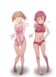 2girls barefoot commentary commentary_request feet highres multiple_girls navel nyuu_(manekin-eko) one_eye_closed original toes translation_request v