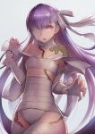  1girl bandage bandage_over_one_eye bandaged_arm bandaged_head bandages bangs bow collar fate/grand_order fate_(series) flat_chest hair_bow highres kingprotea long_hair looking_at_viewer moss naked_bandage omoti_(1201208) open_mouth purple_hair scar solo very_long_hair violet_eyes white_bow 