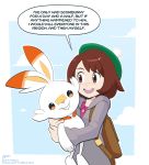  1girl animal_ears blush brooklyn_nine-nine brown_eyes brown_hair creatures_(company) english_text female_protagonist_(pokemon_swsh) game_freak gen_8_pokemon green_hat hat highres hug i&#039;ve_only_had_arlo_for_a_day_and_a_half nintendo open_mouth pixelpulp pokemon pokemon_(creature) pokemon_(game) pokemon_swsh rabbit rabbit_ears scorbunny short_hair simple_background smile tam_o&#039;_shanter tumblr_username white_background 