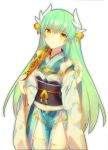  1girl bangs blush breasts closed_mouth dragon_horns fan fate/grand_order fate_(series) folding_fan green_hair hair_between_eyes horns japanese_clothes kimono kiyohime_(fate/grand_order) long_hair looking_at_viewer mckeee obi sash simple_background small_breasts smile solo white_background white_kimono wide_sleeves yellow_eyes 