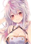  1girl adjusting_hair azur_lane blush breasts cleavage detached_sleeves grenville_(azur_lane) halterneck highlights large_breasts lavender_hair multicolored_hair ponytail red_eyes riichu simple_background sleeveless smile solo upper_body 