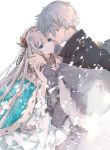  1boy 1girl anastasia_(fate/grand_order) bangs blue_cloak blue_eyes choker cierra_(ra-bit) cloak dress earrings eyebrows_visible_through_hair fate/grand_order fate_(series) fur-trimmed_jacket fur_trim grey_hair grey_jacket hairband jacket jewelry kadoc_zemlupus long_hair long_sleeves parted_lips short_hair silver_hair simple_background very_long_hair white_background white_dress 