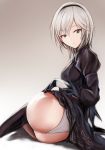  1girl anastasia_(idolmaster) ass black_dress black_hairband black_legwear dress dress_lift eyebrows_visible_through_hair green_eyes grey_background grey_panties hair_between_eyes hairband idolmaster idolmaster_cinderella_girls lifted_by_self looking_at_viewer nannacy7 panties print_dress short_hair silver_hair simple_background sitting solo underwear 