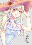  1girl 2018 blonde_hair blush breasts brown_hat collarbone dated dress floating_hair flower grey_background hair_ornament hat hat_flower hat_ribbon highres long_hair looking_at_viewer medium_breasts red_eyes ribbon shiraishi_urara signature simple_background sleeveless sleeveless_dress smile solo straw_hat sun_hat sundress upper_body very_long_hair white_dress white_ribbon yamada-kun_to_7-nin_no_majo yoshikawa_miki 