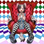  ! 1girl :d ? alice_(wonderland) alice_in_wonderland animal animal_ears apron argyle argyle_background bangs black_footwear black_hair blue_dress blue_eyes chair dress extra_ears eyebrows_visible_through_hair fang full_body gun hands_up heart heart-shaped_pupils highres looking_at_viewer okbnkn open_mouth pantyhose pigeon-toed rabbit rabbit_ears scar scar_across_eye shoes short_sleeves sitting smile striped striped_legwear sunglasses symbol-shaped_pupils weapon white_apron 