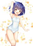  1girl :d ahoge arm_behind_head arm_up armpits bangs bare_shoulders barefoot blue_hair blue_swimsuit blunt_bangs casual_one-piece_swimsuit collarbone commentary_request cowboy_shot eyebrows_visible_through_hair fang flat_chest floral_background flower gochuumon_wa_usagi_desu_ka? highres jouga_maya leg_up looking_at_viewer one-piece_swimsuit open_mouth orange_eyes orange_flower polka_dot polka_dot_swimsuit short_hair smile solo standing standing_on_one_leg swimsuit white_background win_opz 