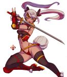  1girl animal_ears bangs black_legwear breasts bunny_tail bustier cleavage commentary dark_skin elbow_gloves english_commentary fighting_stance fingerless_gloves gloves highleg highleg_panties highres holding holding_sword holding_weapon looking_to_the_side medium_breasts original panties pechan rabbit_ears red_eyes red_panties samurai short_hair silver_hair sketch smile solo swept_bangs sword tail thigh-highs underwear v weapon white_background 