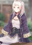  1girl bangs black_gloves blurry blurry_background breasts cleavage corset day dress female_my_unit_(fire_emblem:_kakusei) fire_emblem fire_emblem:_kakusei gloves legs_crossed long_hair long_sleeves medium_breasts my_unit_(fire_emblem:_kakusei) nintendo outdoors parted_bangs silver_hair sitting solo twintails violet_eyes white_dress yuty_cg 