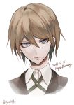  1boy 2018 blue_eyes brown_hair cropped_torso dangan_ronpa dangan_ronpa_1 dated eyebrows_visible_through_hair hair_between_eyes happy_birthday highres looking_at_viewer male_focus portrait sakuyu shirt simple_background solo togami_byakuya twitter_username white_background white_shirt 