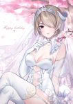 1girl absurdres breasts bridal_veil bride cherry_blossoms cleavage commentary_request crown dress earrings elbow_gloves fake_horns glint gloves gou_lianlian_dogface hair_over_one_eye happy_birthday heart heart_earrings highres honkai_(series) honkai_impact_3 jewelry legs_crossed looking_at_viewer medium_breasts navel navel_cutout outdoors petals ring rita_rossweisse short_hair smile solo strapless strapless_dress thigh-highs tree under_tree veil violet_eyes wedding_dress wedding_ring white white_dress white_gloves white_legwear 