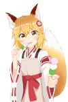  1girl animal_ear_fluff animal_ears apron bio012450 blonde_hair blush commentary_request dango detached_sleeves eyebrows_visible_through_hair fang food fox_ears fox_girl fox_tail giving hair_between_eyes hair_ornament head_tilt highres holding holding_food japanese_clothes looking_at_viewer miko open_mouth sanshoku_dango senko_(sewayaki_kitsune_no_senko-san) sewayaki_kitsune_no_senko-san short_hair simple_background skewer solo standing tail upper_body wagashi white_background yellow_eyes 