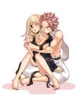  1boy 1girl barefoot belt black_jacket blonde_hair blush breast_grab breasts brown_eyes cleavage collarbone couple earrings fairy_tail grabbing heart heart_earrings indian_style jacket jewelry large_breasts long_hair long_sleeves lucy_heartfilia nail_polish natsu_dragneel one_eye_closed pants parted_lips pink_hair pink_nails saku_sanotsuki scarf simple_background sitting sitting_on_person spiky_hair tattoo white_background white_pants white_scarf 
