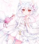  1girl animal_ear_fluff animal_ears azur_lane bangs cat_ears closed_mouth commentary_request dutch_angle eyebrows_visible_through_hair fingernails flower hair_between_eyes hair_flower hair_ornament hands_up highres holding japanese_clothes kimono kimono_skirt long_hair long_sleeves looking_at_viewer obi pink_flower red_eyes red_string sash shichijou_natori short_kimono silver_hair sleeves_past_wrists smile solo string string_around_finger white_flower white_kimono wide_sleeves yukikaze_(azur_lane) 