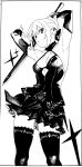  1girl armpits arms_up artoria_pendragon_(all) breasts cleavage cowboy_shot detached_sleeves dress fate_(series) greyscale hair_bun halterneck henken highres looking_at_viewer monochrome parted_lips saber_alter short_dress short_hair sidelocks small_breasts solo strap_gap sword thigh-highs weapon zettai_ryouiki 