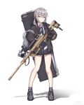  1girl american_flag backpack bag bolt_action cheytac_m200 commentary ear_protection full_body girls_frontline gloves grey_eyes gun highres holding holding_gun holding_weapon jacket m200_(girls_frontline) necktie rifle school_uniform scope silver_hair sniper_rifle solo trigger_discipline twintails vvy weapon white_background 