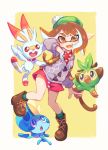  1girl animal_ears arm_up backpack bag boots brown_eyes brown_footwear brown_hair buttons creatures_(company) fangs female_protagonist_(pokemon_swsh) game_freak gen_8_pokemon green_hat green_legwear grey_jacket grookey hat highres holding holding_poke_ball inkling jacket jtveemo laces looking_at_viewer nintendo open_mouth pink_skirt poke_ball pokemon pokemon_(creature) pokemon_(game) pokemon_swsh rabbit_ears scorbunny short_hair skirt sobble splatoon_(series) standing standing_on_one_leg strap tam_o&#039;_shanter two-tone_background 