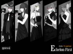  5girls absurdres artist_request black_dress cigar dress english_text fedora formal girls_frontline glasses green_eyes hair_ornament hair_ribbon hat hexagram highres hk416_(girls_frontline) iron_cross jewelry long_hair monochrome multiple_girls necklace necktie negev_(girls_frontline) red_eyes ribbon short_hair single_strap star_of_david strapless strapless_dress suit thompson_submachine_gun_(girls_frontline) vector_(girls_frontline) vectors wa2000_(girls_frontline) yellow_eyes 