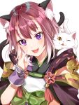  1girl :3 :d ;3 animal animal_ear_fluff animal_ears animal_on_shoulder bangs bell cat cat_ears cat_on_shoulder cat_tail commentary_request detached_sleeves fang hand_on_own_cheek ito22oji japanese_clothes jingle_bell kimono looking_at_viewer miyasaka_tamaki obi open_mouth princess_connect! princess_connect!_re:dive purple_hair ribbon_trim sash short_hair slit_pupils smile solo tail tassel upper_body violet_eyes white_background white_cat wrist_cuffs 