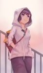  1girl backpack bag cowboy_shot fate/grand_order fate_(series) from_below grey_jacket hands_in_pocket hood hood_up hooded_jacket jacket katsushika_hokusai_(fate/grand_order) looking_afar looking_up parted_lips purple_hair purple_skirt quentin_lecuiller shiny shiny_hair short_hair skirt smile solo standing violet_eyes white_background 