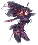  1girl bodysuit breasts cleavage cosplay dual_wielding fate/grand_order fate_(series) female_admiral_(kantai_collection) gae_bolg hiememiko highres holding large_breasts latex light_smile long_hair nose parted_lips pauldrons polearm purple_hair scathach_(fate)_(all) scathach_(fate/grand_order) scathach_(fate/grand_order)_(cosplay) solo spear veil violet_eyes weapon white_background 