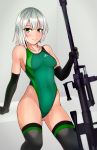  1girl aiuchi bangs black_gloves black_legwear commentary_request competition_swimsuit elbow_gloves girls_frontline gloves gluteal_fold green_eyes green_swimsuit gun hair_between_eyes highleg highleg_swimsuit highres js05_(girls_frontline) looking_at_viewer object_namesake one-piece_swimsuit rifle short_hair silver_hair sniper_rifle sniper_scope solo swimsuit thigh-highs tsurime weapon 