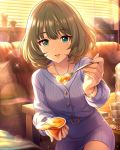  1girl artist_request bangs belt bottle bracelet brown_hair collarbone couch dress eyebrows_visible_through_hair eyelashes feeding fingernails food fringe_trim glass green_eyes heterochromia holding holding_spoon idolmaster idolmaster_cinderella_girls indoors jewelry looking_at_viewer mole mole_under_eye necklace official_art open_mouth plant short_hair smile solo spoon sunset table takagaki_kaede water_bottle 