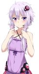  1girl absurdres bangs bare_arms bare_shoulders blush breasts closed_mouth collarbone commentary_request criss-cross_halter dress eyebrows_visible_through_hair hair_between_eyes hair_grab hair_ornament halterneck highres kohakope long_hair purple_dress purple_hair small_breasts solo upper_body violet_eyes voiceroid yuzuki_yukari 