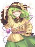  1girl black_hat blush cheunes closed_eyes eyebrows_visible_through_hair frilled_sleeves frills green_hair green_skirt hair_between_eyes hand_on_headwear hat hat_ribbon highres komeiji_koishi long_hair long_sleeves parted_lips ribbon shirt skirt solo teeth third_eye touhou wide_sleeves yellow_ribbon yellow_shirt 