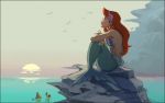  1girl animal ariel_(disney) bare_arms bare_shoulders bikini bird clouds cloudy_sky commentary_request crab crossed_arms day disney expressionless fish flounder_(the_little_mermaid) flower gori_matsu grey_sky hair_flower hair_ornament horizon long_hair looking_up mermaid monster_girl ocean outdoors partially_submerged pink_flower profile redhead reflection rock seashell sebastian_(disney) shaded_face shadow shell shell_bikini shirtless sitting sitting_on_rock sky solo submerged sun swimsuit the_little_mermaid water 