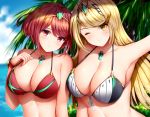  2girls armpits bangs bare_shoulders beach bikini blonde_hair blue_sky blush bracelet breasts cleavage closed_mouth clouds collarbone commentary day eyebrows_visible_through_hair gem hair_between_eyes hair_ornament headpiece highres mythra_(xenoblade) holding pyra_(xenoblade) jewelry large_breasts leaf long_hair looking_at_viewer multicolored multicolored_clothes multiple_girls nintendo ocean one_eye_closed outdoors palm_tree red_eyes redhead self_shot short_hair sky smile swept_bangs swimsuit tiara tree water wsman xenoblade_(series) xenoblade_2 yellow_eyes 