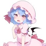  13o 1girl bangs black_wings blue_hair blush bow collared_shirt commentary_request eyebrows_visible_through_hair fangs frilled_shirt_collar frills hair_between_eyes hand_up hat hat_ribbon highres looking_at_viewer mob_cap open_mouth pink_hat pink_shirt pink_skirt puffy_short_sleeves puffy_sleeves red_bow red_eyes red_ribbon remilia_scarlet ribbon shirt short_sleeves simple_background skirt skirt_set solo touhou v-shaped_eyebrows white_background wings 
