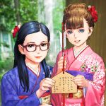  2girls absurdres arrow bangs black_hair blue_eyes blunt_bangs blurry blurry_background brown_eyes brown_hair floral_print flower glasses hair_flower hair_ornament highres japanese_clothes kimono long_hair long_sleeves looking_at_viewer multiple_girls nazoani_museum obi original outdoors parted_lips purple_flower red_flower sash smile translation_request upper_body white_flower wide_sleeves 