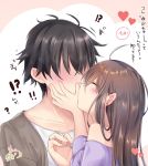  !! !? 1boy 1girl bangs bare_shoulders black_hair blush brown_background brown_hair brown_jacket closed_eyes collarbone commentary_request earrings eyebrows_visible_through_hair faceless faceless_male fingernails hair_between_eyes hands_on_another&#039;s_face heart heterochromia jacket jewelry kiss long_hair maruma_(maruma_gic) nail_polish nose_blush off-shoulder_shirt off_shoulder open_clothes open_jacket original pink_nails profile purple_shirt shirt stud_earrings translation_request two-tone_background upper_body white_background white_shirt 