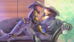  1boy 1girl alcohol ashe_(overwatch) ayumaou beard black_nails boots breastplate brown_hair chaps cigar couch cowboy_hat day drink earrings facial_hair girl_on_top glass hat hetero jewelry knee_pads looking_at_another mccree_(overwatch) mechanical_arm nail_polish overwatch recliner red_eyes short_hair shoulder_armor silver_hair skull_earrings smoking spaulders thigh-highs thigh_boots 
