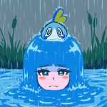  1girl akairiot bangs black_eyes blue_hair blunt_bangs blush_stickers commentary creatures_(company) crossover english_commentary eyebrows_visible_through_hair game_freak gen_8_pokemon kelda_(akairiot) liquid_hair long_hair nintendo original partially_submerged pokemon pokemon_(creature) pokemon_(game) pokemon_swsh rain sad sobble solo water 