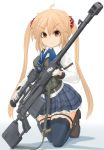  1girl absurdres ahoge anti-materiel_rifle arm_garter bangs bipod black_legwear blonde_hair blue_neckwear blue_skirt body_armor boots bow bowtie brown_eyes brown_footwear combat_boots commentary_request dress_shirt eyebrows_visible_through_hair full_body gloves gun hair_ornament hair_scrunchie harness highres holding holding_gun holding_weapon holster ichigotofu kneeling legs long_hair long_sleeves looking_at_viewer miniskirt original partial_commentary petticoat plaid plaid_skirt pleated_skirt red_scrunchie rifle school_uniform scope scrunchie shadow shirt skirt smile sniper_rifle solo thigh-highs thigh_holster thigh_strap twintails v-shaped_eyebrows weapon white_background white_gloves white_shirt wing_collar zastava_m93_black_arrow 