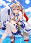  1girl :o arm_belt arm_up ayanami_(azur_lane) azur_lane bangs belt belt_buckle black_choker blue_belt blue_sailor_collar blue_skirt blue_sky breasts brown_footwear brown_hair buckle choker clouds cloudy_sky collarbone commentary_request day detached_sleeves eyebrows_visible_through_hair hair_between_eyes hair_ornament headgear high_ponytail holding holding_sword holding_weapon horizon long_hair long_sleeves looking_at_viewer ocean outdoors parted_lips ponytail red_eyes revision rudder_footwear sailor_collar school_uniform serafuku shirt shoes sidelocks skirt sky sleeveless sleeveless_shirt small_breasts solo sun sword thigh-highs tsukino_neru very_long_hair water water_drop weapon white_belt white_legwear white_shirt white_sleeves wide_sleeves 