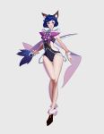 1girl absurdres animal_ears black_footwear black_leotard blue_bow blue_hair bow chauncey1994 full_body grey_background highres holding holding_sword holding_weapon leotard looking_at_viewer original ribbon short_hair side_cutout solo sword violet_eyes weapon yellow_ribbon 