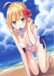  1girl absurdres adjusting_hair ahoge all_fours artoria_pendragon_(all) barefoot beach bikini blonde_hair blue_ribbon blue_sky braided_bun breasts cleavage clouds collarbone day eyebrows_visible_through_hair fate/stay_night fate_(series) flower food green_eyes hibiscus highres looking_at_viewer medium_breasts mouth_hold navel ocean outdoors popsicle redhead ribbon saber short_hair_with_long_locks sidelocks sky small_breasts solo strapless strapless_bikini swimsuit thigh_gap toosaka_asagi white_bikini 