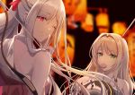  2girls absurdres ak-12_(girls_frontline) an-94_(girls_frontline) bangs bare_shoulders blonde_hair braid breasts changpan_hutao commentary_request defy_(girls_frontline) dress eating eyebrows_visible_through_hair finger_to_mouth food french_braid girls_frontline hair_ornament hairband hand_up highres holding long_hair looking_at_viewer looking_back m4a1_(girls_frontline) medium_breasts multicolored_hair multiple_girls ribbon shushing sidelocks silver_hair smile st_ar-15_(girls_frontline) streaked_hair stuffed_toy very_long_hair violet_eyes 