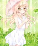  1girl bare_shoulders blonde_hair blush breasts collarbone dress eyebrows eyebrows_visible_through_hair glasses light light_rays long_hair looking_at_viewer open_mouth outdoors perrine_h_clostermann plant shiny shiny_hair shiny_skin sleeveless sleeveless_dress small_breasts solo sparkle strike_witches sundress umbrella white_dress world_witches_series yellow_eyes yuni_(seifuku-san) 