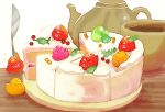  bird cake chai commentary_request cream cup food fruit fruit_tart highres knife leaf looking_at_viewer no_humans orange original plate raspberry sitting sitting_on_food sparkle strawberry tart_(food) tea teacup teapot 