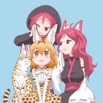  3girls ahoge animal_ear_fluff animal_ears bangs black_hoodie blonde_hair blush bow bowtie breasts brown_eyes cat_ears closed_eyes commentary_request detached_sleeves director_connection elbow_gloves extra_ears eyebrows_visible_through_hair gloves hood hood_up hoodie japanese_clothes kemono_friends kemurikusa long_hair multiple_girls open_mouth print_gloves print_neckwear print_skirt red_eyes redhead ribbon-trimmed_sleeves ribbon_trim riku_(kemurikusa) ritsu_(kemurikusa) serval serval_(kemono_friends) serval_ears serval_print shirt short_hair skirt sleeveless sleeveless_shirt sleeves_past_fingers sleeves_past_wrists smile underskirt waist_bow wide_sleeves zashikiwasabi 