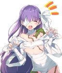  1girl bandage bandage_over_one_eye bow closed_eyes cowboy_shot facing_viewer fate/grand_order fate_(series) hair_bow happy kingprotea long_hair moss purple_hair sharp_teeth simple_background solo teeth tsuedzu white_background white_bow 