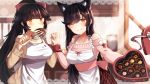  2girls animal_ears apron atago_(azur_lane) azur_lane bangs black_hair blurry blurry_background blush bound bound_wrists bow box breasts brown_eyes brown_sweater casual chocolate closed_mouth extra_ears eyebrows_visible_through_hair gift hair_bow hair_flaps hair_ribbon hand_holding heart-shaped_box heart-shaped_food highres holding holding_gift holding_whisk indoors large_breasts light_particles long_hair looking_at_viewer mole mole_under_eye multiple_girls off-shoulder_sweater off_shoulder pink_sweater ponytail red_bow ribbon roslyria sidelocks smile sweater swept_bangs takao_(azur_lane) upper_body very_long_hair white_ribbon window 